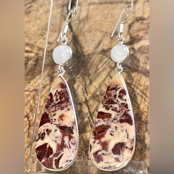 Coconut Jasper & Rainbow Moonstone Earrings 2 1/2” - Picture 7 of 14